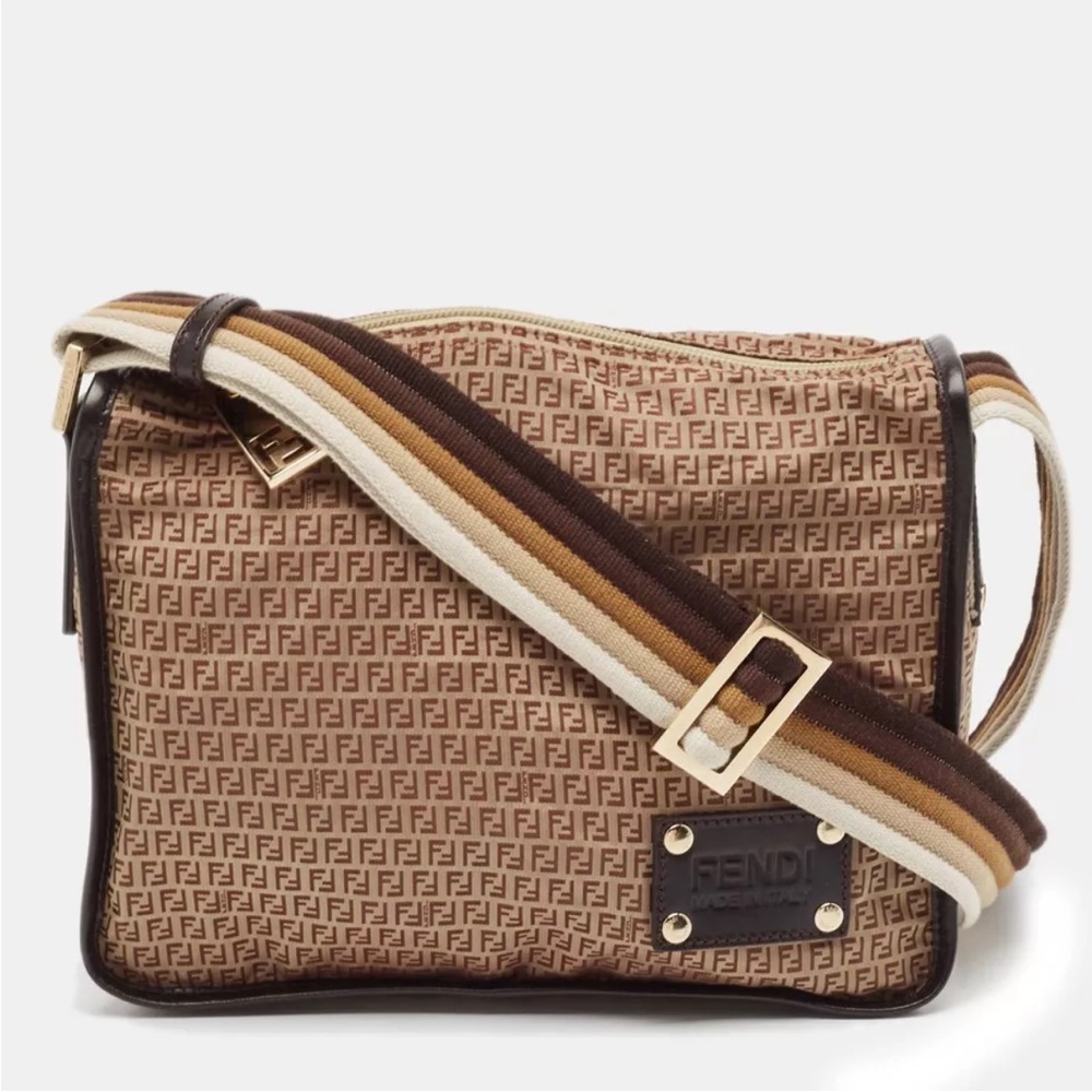 Fendi Authentic Zucchino Nylon & Leather Brown and Beige Messenger Crossbody Bag